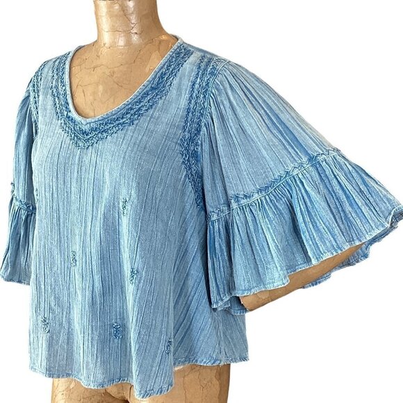 Rachel Zoe BOHO Cropped Relaxed Top Gauze Embroidered Sz S Blue #306F - Picture 4 of 7